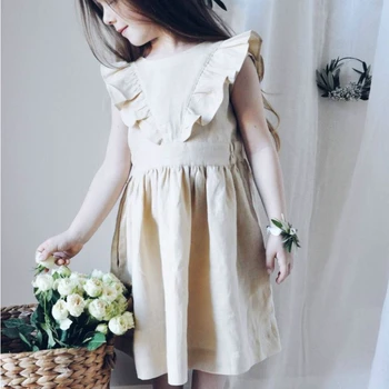 Летнее однотонное хлопковое льняное платье для девочек, повседневное платье без рукавов с оборками, Трапециевидное платье в Европейском и американском стиле, плиссированная юбка Принцессы