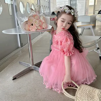 Летнее платье для девочек Корейской версии Модное платье Принцессы с рукавами-пузырями и цветочным узором Детская одежда Женская Детская одежда