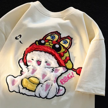 Летняя новинка в японском ретро с вышивкой милого кролика, футболка с короткими рукавами для мужчин и женщин, Свободный кавайный парный топ
