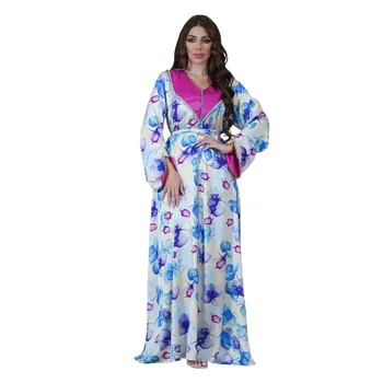 Лето-осень Элегантные мусульманские женщины С длинным рукавом и V-образным вырезом из полиэстера С принтом, Мусульманские модные платья Abaya, Платье Abaya