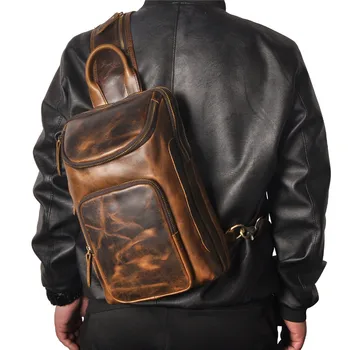 Модная роскошная мужская нагрудная сумка из натуральной кожи в стиле ретро Для ежедневных Путешествий на открытом воздухе Crazy Horse из воловьей кожи Коричневая сумка-мессенджер