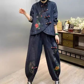 Модный Джинсовый комплект с вышивкой в стиле ретро и пуговицами, Универсальный женский комплект из двух предметов