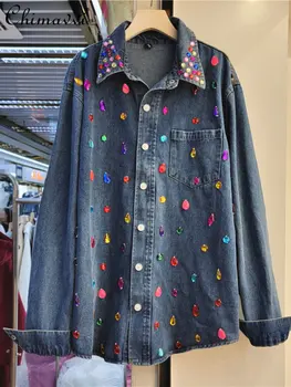 Модный Дизайн, Изысканная Свободная Джинсовая рубашка со стразами, Женская Весенняя новинка 2023, Универсальная Однобортная Блузка с длинным рукавом