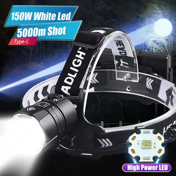 Мощный светодиодный налобный фонарь мощностью 150 Вт, перезаряжаемый налобный фонарик USB, 5000 метров, светодиодный налобный фонарь с зумом, фонарь дальнего действия