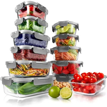 Набор высококачественных стеклянных контейнеров для хранения пищевых продуктов Nutrichef из 24 предметов - Штабелируемая конструкция с запирающимися крышками, не содержащими бисфенола А (серый) Стеклянные контейнеры