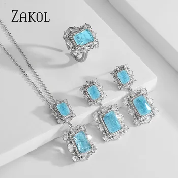 Наборы свадебных украшений ZAKOL Vintage Luxury Blue Burst с цирконием для женщин, Изящные Геометрические серьги с кубическим цирконием, ожерелья