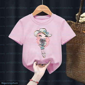 Новая футболка для девочек, милые розовые топы с короткими рукавами для маленьких девочек, модная детская одежда в стиле харадзюку, футболка, одежда для девочек от 1 до 14 лет