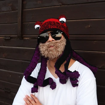 Новая шерстяная шляпа с бородой Осьминога ручного плетения для мужчин, Хэллоуин, Забавные пары, шапочки-бини, Мультяшные глаза-щупальца Осьминога, шапка-череп
