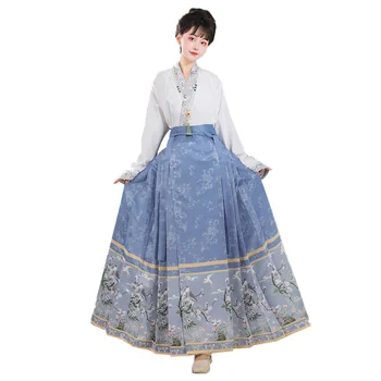 Новое Китайское традиционное женское платье Hanfu, юбка с лошадиной мордой, Винтажная одежда Династии Мин, Длинная плиссированная юбка с цветочным рисунком