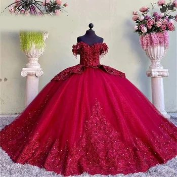 Новое Темно-красное Корсетное Бальное платье с открытыми плечами, Пышные платья С аппликацией из бисера, Вечерние платья для выпускного Вечера и Дня Рождения Princess Sweet 16 15