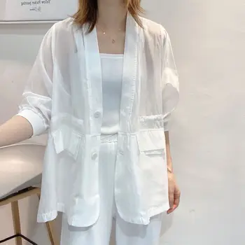 Новый женский элегантный белый блейзер, летний солнцезащитный повседневный Корейский стиль, Модные топы, Офисная женская тонкая куртка, кардиган