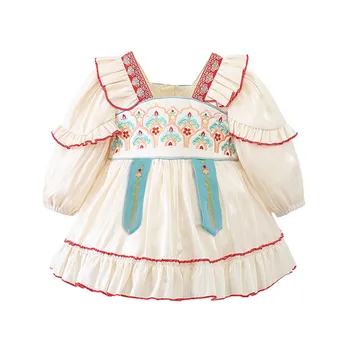 Одежда для девочек Новая Осенняя вышивка с рукавами-фонариками Для малышей, новорожденных, праздничных платьев принцессы бежевого цвета от 0 до 4 лет