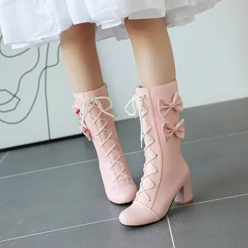 Осенне-зимние Ботинки для девочек, Модные свадебные туфли Принцессы в стиле Лолиты с перекрестным бантом, Белые, Розовые, женские Средние ботинки На высоком каблуке