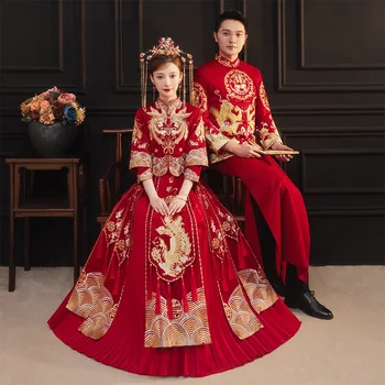 Осеннее китайское ретро свадебное платье с вышивкой феникса, традиционное платье для жениха и невесты Чонсам Свадебное платье