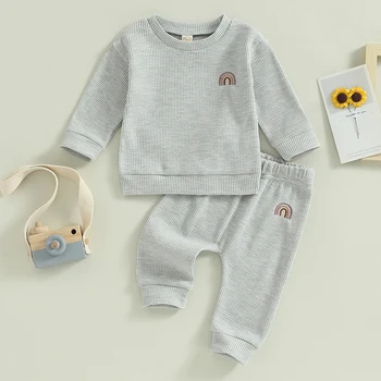 Осенняя одежда для малышей из 2 предметов, топы и штаны с радужной вышивкой, комплект теплой одежды для малышей