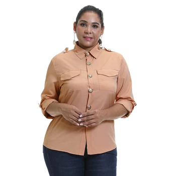 Официальная блузка с отложным воротником и длинным рукавом Размера Плюс, Офисный женский топ, повседневные однобортные женские блузки с карманами