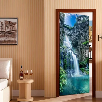 Пейзаж Водопад Дверная Наклейка Наклейка Фреска 3D ПВХ Самоклеящиеся Водонепроницаемые Обои Современная Дверь Гостиной Украшение Дома