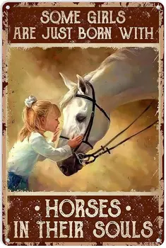 Плакат с лошадью и девушкой, металлическая жестяная вывеска, некоторым девушкам прирожденно нравятся лошади, шикарное ретро-искусство, интересный гараж, домашнее кафе, кухня