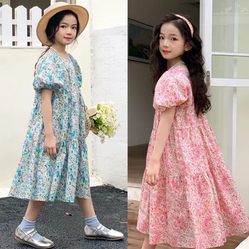 Платье с цветочным рисунком для девочек-подростков с пышными рукавами, лето 2023, Новая детская свободная одежда, милые детские платья принцессы средней длины, розовый, синий