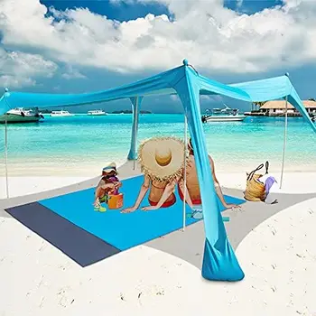 Пляжная палатка с 4 алюминиевыми опорами, 10x10 футов, с подарочным ковриком для пола, Переносное укрытие от солнца UPF50+ с усиленными углами, На открытом воздухе