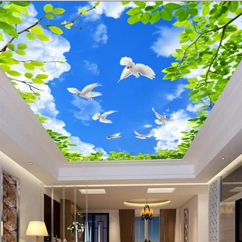 Пользовательские Потолочные фрески Обои HD Голубое Небо Зеленый лист Белые Голуби Фото Настенная ткань Тема гостиной Отель Потолочные обои