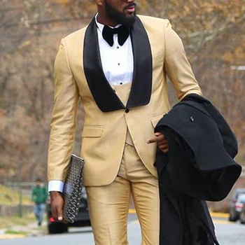 Приталенные мужские костюмы цвета Хаки для свадьбы, Смокинг для выпускного вечера, сшитый на заказ Костюм Жениха из 3 предметов, Черный мужской комплект с лацканами, куртка, жилет со штанами
