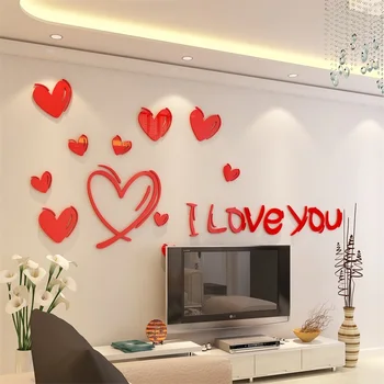 Романтический стикер с любящим сердцем, наклейки на стены, гостиная, свадебный домашний декор, 3D наклейки, красные и розовые обои, большой размер
