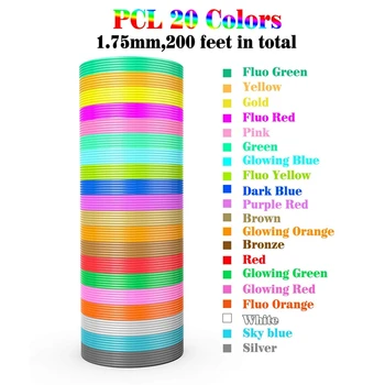 Ручка для 3D-печати с нитью накаливания PCL 1,75 мм, Упаковка из 20 штук разных цветов, Низкая температура плавления 70 ℃, Подарки для детей (200 футов)