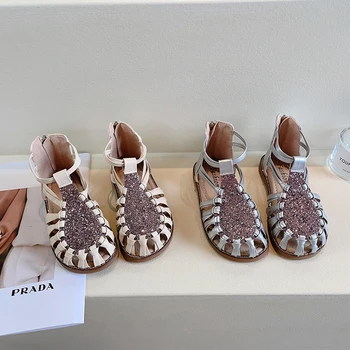 Сандалии для девочек, Новое лето 2023, Выдалбливают Римскую обувь, Детские блестящие тканые римские сандалии для девочек-принцесс, студенческие