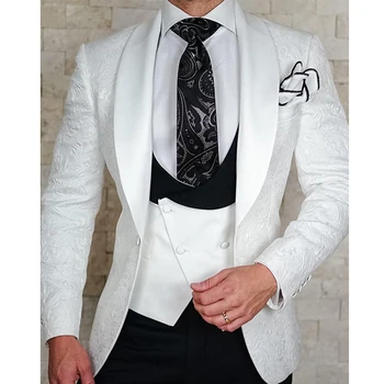 Свадебный смокинг с цветочным рисунком для Жениха, 3 предмета, Приталенный Двубортный жилет, куртка с черными брюками, Мужской Модный костюм 2023