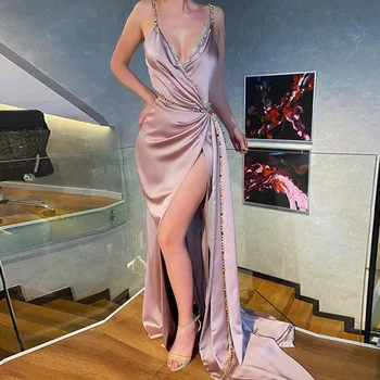 Сексуальное вечернее платье Eightale с V-образным вырезом на тонких бретельках, расшитое бисером, с разрезом по бокам, атласное вечернее платье для выпускного вечера, vestidos elegantes