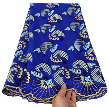 Синяя африканская хлопчатобумажная кружевная ткань с вышивкой 5 ярдов, нигерийское швейцарское вуалевое кружево для пошива вечерних платьев