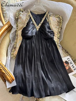 Французское винтажное платье с бусинами для тяжелой промышленности, женское Летнее платье 2023, Сексуальное черное платье без рукавов с V-образным вырезом и блестками, женское