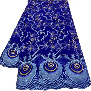 Швейцарская вуалевая кружевная ткань с вышивкой камнями, королевский синий, Хлопок, высокое качество, 5 ярдов