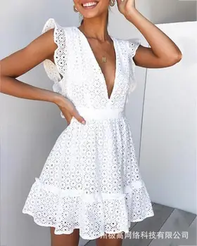 Элегантное женское платье 2023, летняя мода, Французский Темперамент, Пригородное Сексуальное Белое платье без рукавов с глубоким V-образным вырезом