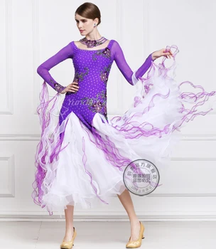 элегантное фиолетово-белое платье в стиле пэчворк с длинным рукавом для соревнований по фокстроту, вальсу, танго, сальсе, бальным танцам