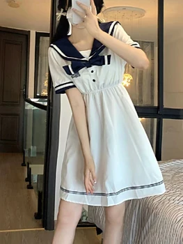 Японское Кавайное Элегантное белое женское платье в стиле Лолиты, летнее Платье с матросским воротником и коротким рукавом, мини-платье принцессы Jk, женское платье